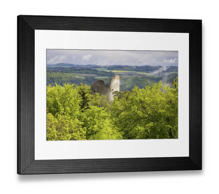 Framed Print : Ruined castle embedded in lush green vegetation under a cloudy sky