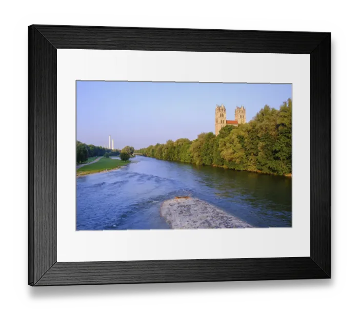 Framed Print : Isar with green areas and Maximilianskirche in Isarvorstadt