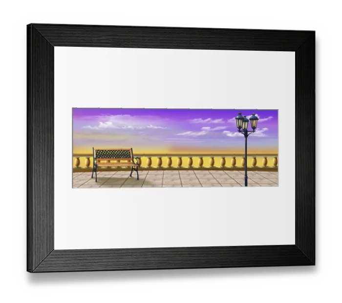 Framed Print : Sunrise view from the paving slab observation deck with bench and street lamp