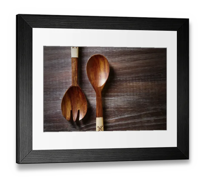 Framed Print : Wood spoon and fork on wooden board kitchen tools