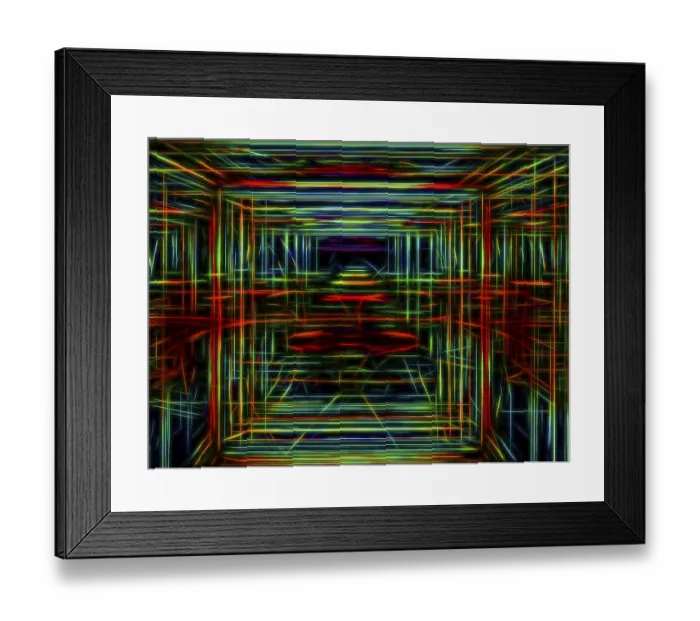 Framed Print : Tunnel, portal or room with colored neon glowing lines like wires
