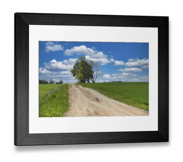 Framed Print : Scenic countryside scene with a dirt road surrounded by lush green fields Framed Print : Scenic countryside scene with a dirt road surrounded by lush green fields