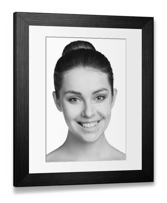 Framed Print : Front portrait of the woman with beauty face on the gray background