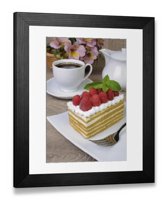 Framed Print : Food, Piece of honey cake with whipped cream and raspberries