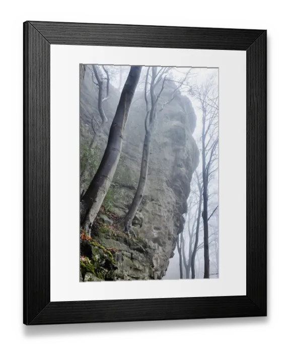 Framed Print : Bizarre rocky landscape in the mist