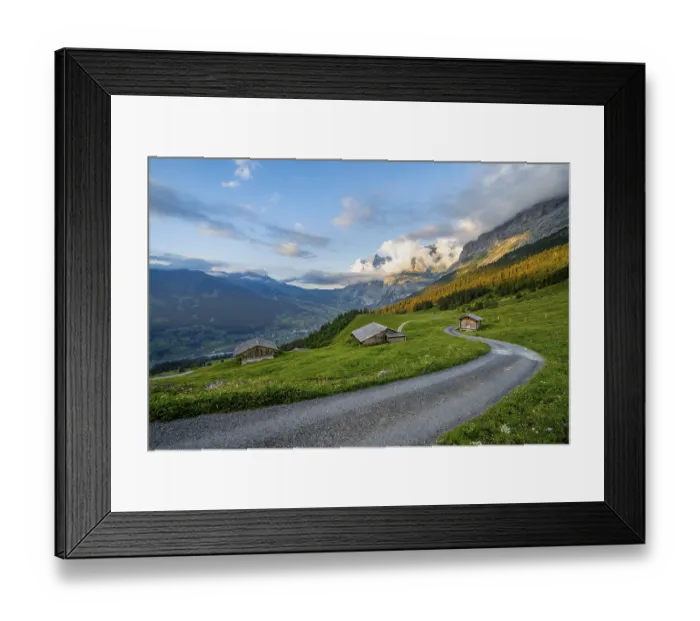 Framed Print : Road, alpine huts and alpine meadows Framed Print : Road, alpine huts and alpine meadows