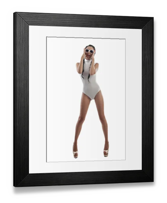 Framed Print : Happy beautiful woman with long hair in a white swimsuit on a white background