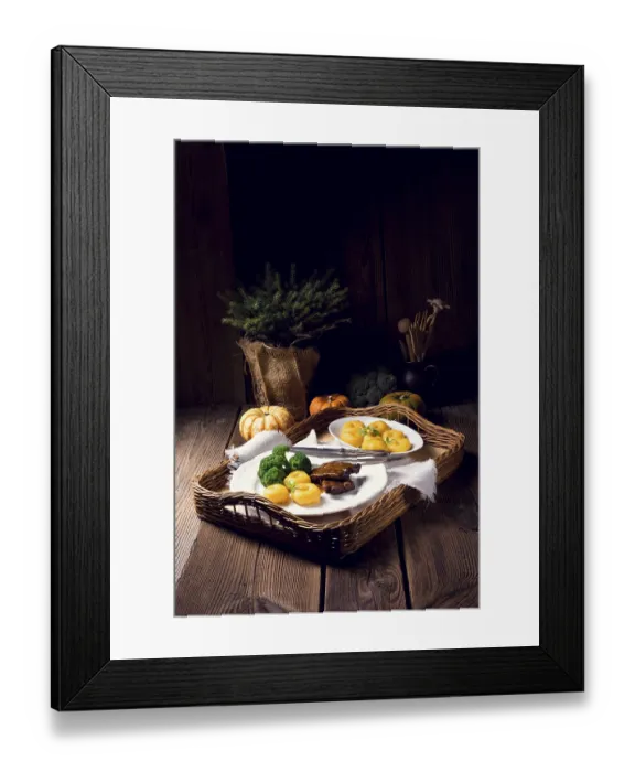 Framed Print : Dumplings with pumpkin puree and grilled ribs Framed Print : Dumplings with pumpkin puree and grilled ribs