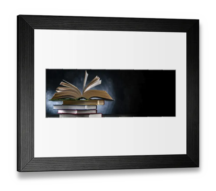 Framed Print : A composition with an open book lying on a stack of other books