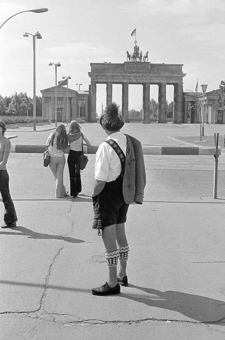 Framed Print : 09.06.1970, GDR, East Berlin, scene in front of the Brandenburg Tor tor, man in traditional traditional costume looking towards West Berlin East Berlin, Berlin-Mitte, GDR GDR