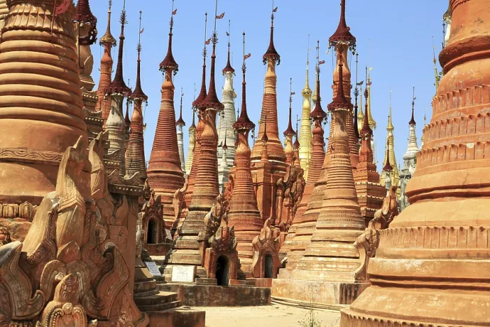 Framed Print : Some of the 1054 pagodas of the In-Dein Pagoda Forest on Inle Lake