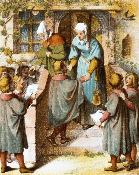 Framed Print : In 1498 Luther sings as a primary school pupil in front of the door of Mrs Ursula Cotta in Eisenach