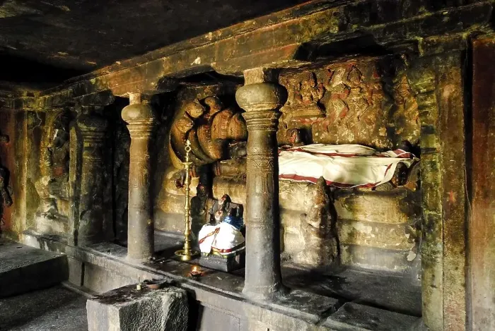 Framed Print : The 15ft carved image of Lord Anantha Padmanabha lying on the serpent Adisesha in the Ananthapadmanabha Swamy rock- cut