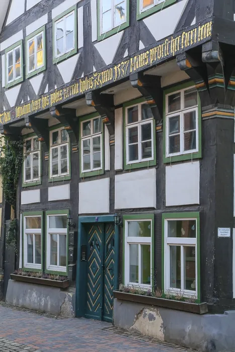 Framed Print : 16th century half-timbered house with overhang or cantilever in BackerstraBe Framed Print : 16th century half-timbered house with overhang or cantilever in BackerstraBe
