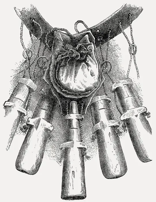 Framed Print : 17th century bandolier, strap attached with powder charges and bulletbag Framed Print : 17th century bandolier, strap attached with powder charges and bulletbag