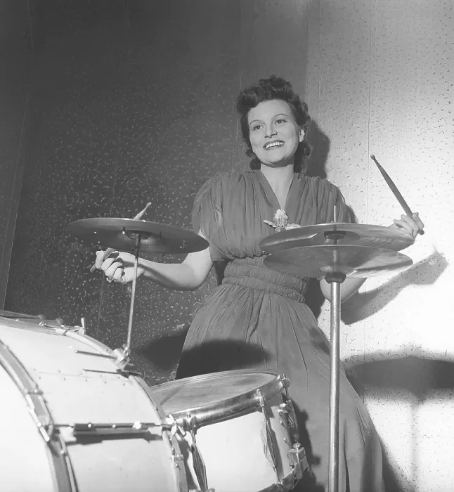 Framed Print : In the 1940s. A woman is playing the drums Framed Print : In the 1940s. A woman is playing the drums