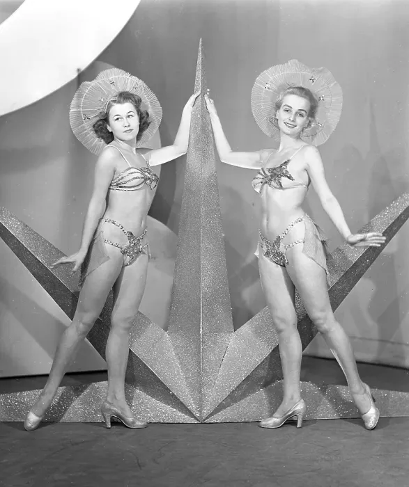 Framed Print : In the 1940s. Two young women from the theater ensemble from Soedra teatern in Stockholm are dressed in their stage
