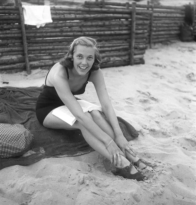 Framed Print : 1950s on the beach of Tyloesand Sweden