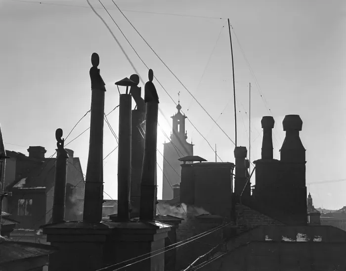 Framed Print : In the 1950s. Detail of chimneys on a rooftop in Stockholm Sweden