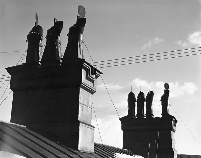 Framed Print : In the 1950s. Detail of chimneys on a rooftop in Stockholm Sweden. Sweden 1953 Kristoffersson ref 60K-21