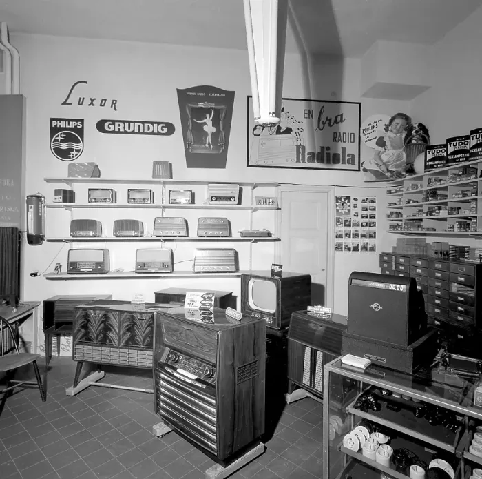Framed Print : In the 1950s. Interior of a radio and tv store 1956 Framed Print : In the 1950s. Interior of a radio and tv store 1956