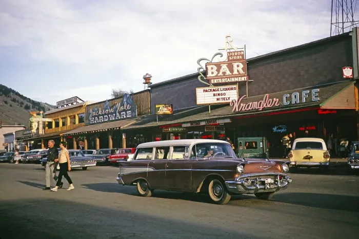 Framed Print : 1957 Chevrolet Bel Air Station Wagon car, East Broadway Avenue, Jackson Hole, Wyoming, USA in 1963