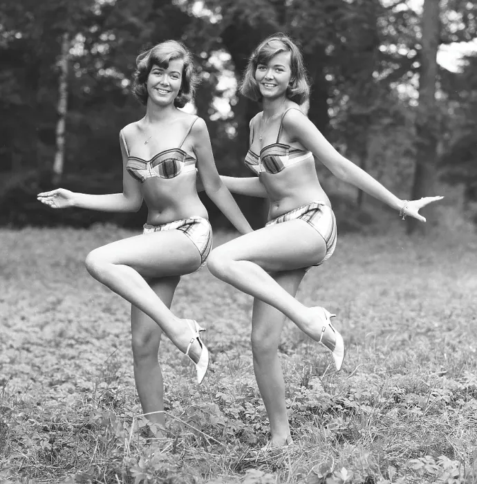 Framed Print : 1960s bikini fashion. Twins wearing bikini Framed Print : 1960s bikini fashion. Twins wearing bikini