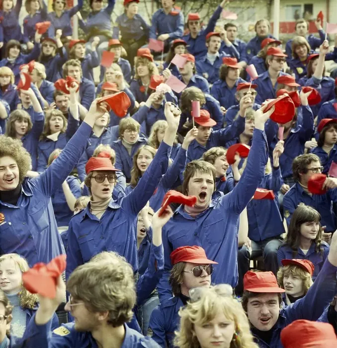 Framed Print : 1980050165, East Berlin, 01.05.1980, Karl-Marx-Allee, cheering young members of the Free German Youth on the counter grandstand opposite the grandstand of honour at the May Day demonstration in East Berlin, GDR GDR