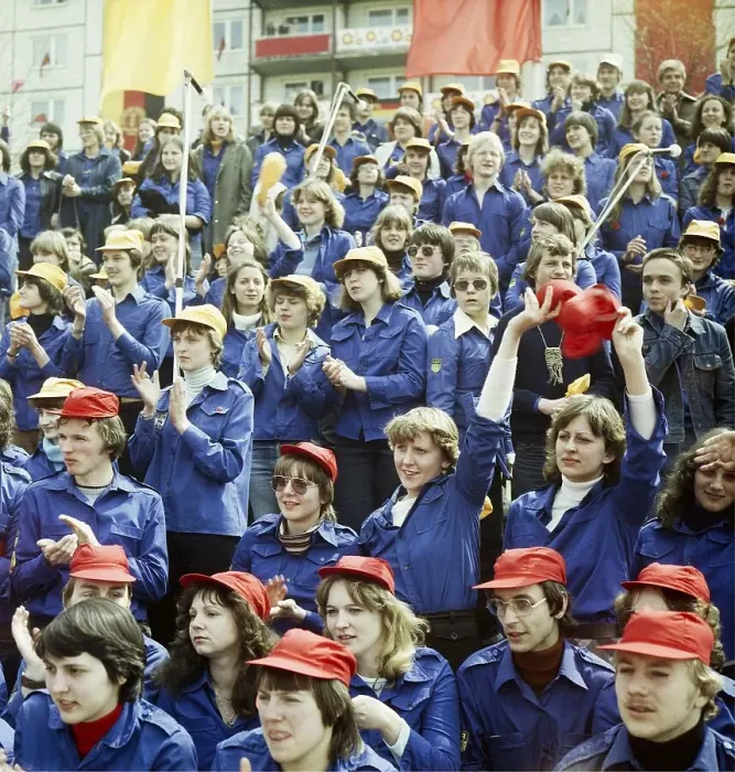 Framed Print : 1980050167, East Berlin, 01.05.1980, Karl-Marx-Allee, cheering young members of the Free German Youth on the counter grandstand opposite the grandstand of honour at the May Day demonstration in East Berlin, GDR GDR