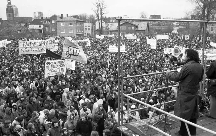 Framed Print : More than 20, 000 opponents of nuclear power demonstrated in Itzehoe against a nuclear power plant in Brokdorf on 19 Framed Print : More than 20, 000 opponents of nuclear power demonstrated in Itzehoe against a nuclear power plant in Brokdorf on 19