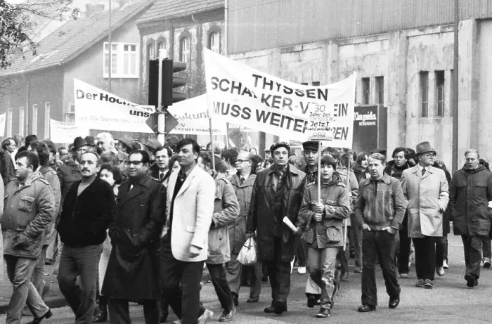 Framed Print : 2000 steelworkers and their relatives demonstrated out of concern for their jobs at the Schalker Verein (Thyssen AG)