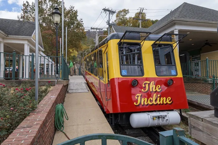 Framed Print : 2020 model railcar of the Lookout Mountain Incline Railway at the lower station in Chattanooga