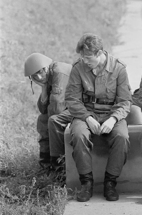 Framed Print : 23.04.1975, GDR, East Berlin, two soldiers in the field uniform of the National People's Army during a training break East Berlin, Berlin-Mitte, GDR GDR
