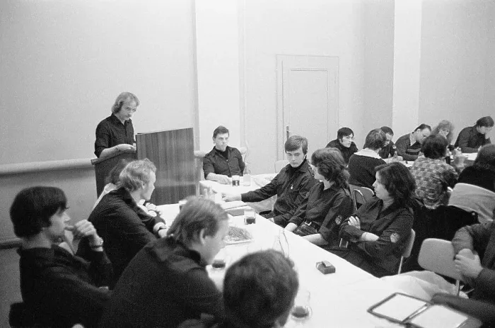 Framed Print : 26 September 1979, GDR, East Berlin, VEB Elektrokohle Lichtenberg, meeting of the works group of the Free German Youth (FDJ). An FDJ member at the lectern with a contribution to the discussion. East Berlin, Berlin-Lichtenberg, GDR GDR