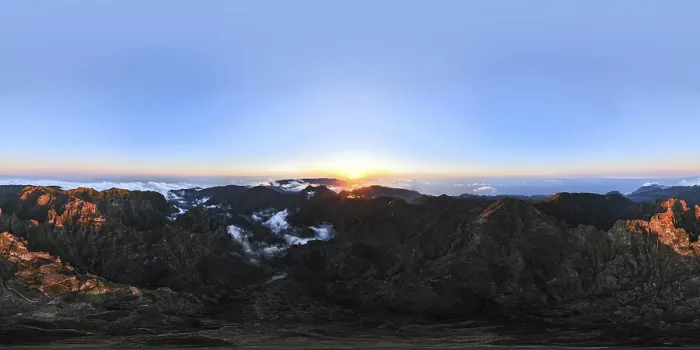 Framed Print : 360 panorama of aerial drone view of mountains over clouds near Pico Ruivo on sunset