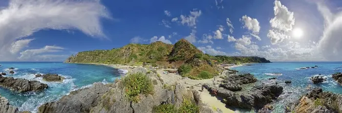 Framed Print : 360° panorama on the sandy beach Capo Vaticano and bay with turquoise sea and bizarre sky