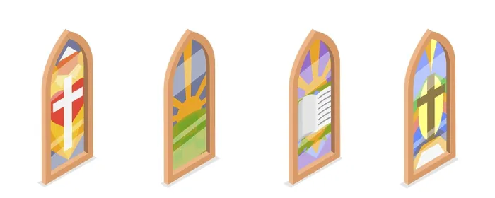 Framed Print : 3D Isometric Flat Set of Church Stained Arched Windows