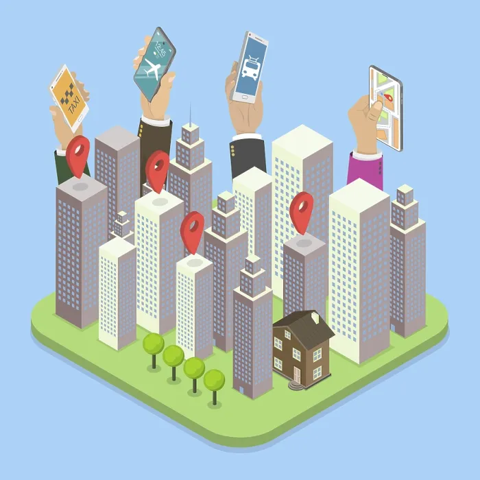 Framed Print : 3D Isometric Flat Vector Illustration of Smart City Transportation