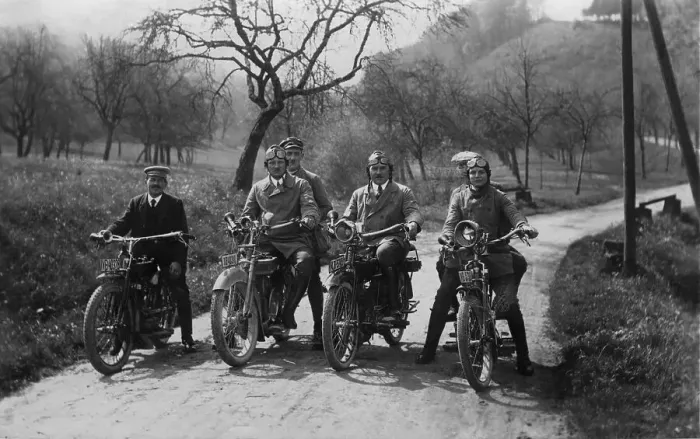 Framed Print : 4 motorcyclists on the road, historic picture from about 1940