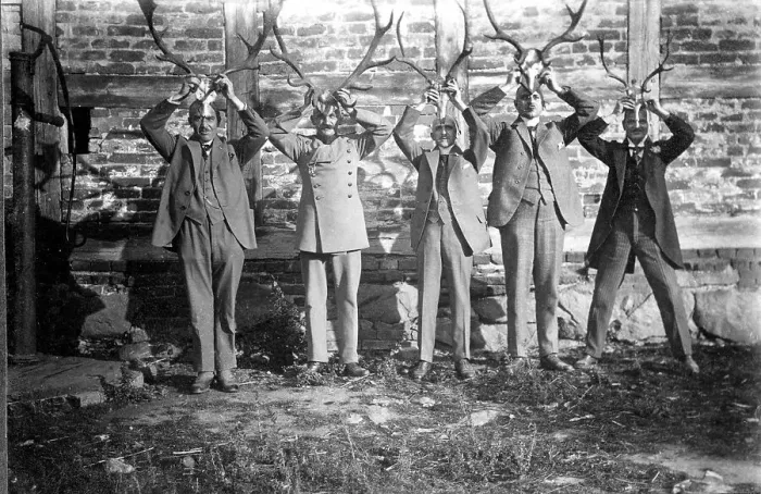 Framed Print : 5 men deer antlers ca. 1930, exact place unknown