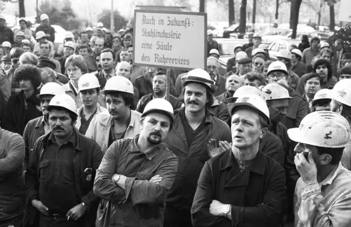 Framed Print : About 5000 steel workers of the Hoesch AG took to the streets to protest for the preservation of their jobs during a