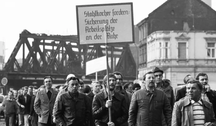 Framed Print : About 5000 steel workers of the Hoesch AG took to the streets to protest for the preservation of their jobs during a
