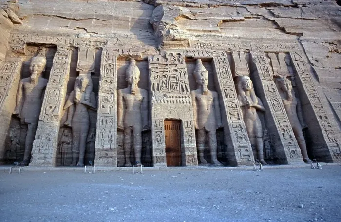 Framed Print : 6 colossal statues, Hathor Temple of Nefertari, Abu Simbel, Nile Valley, Egypt, September 1989, vintage, retro, old, historical, Africa