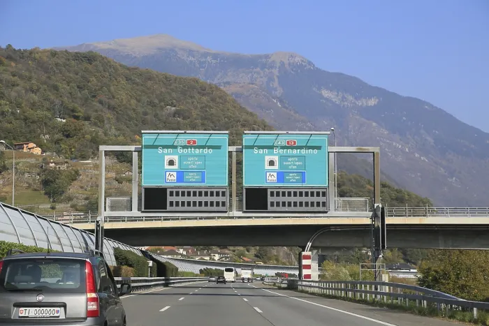 Framed Print : A2 E35 motorway near Bellinzona shortly in front of the junction to the Gotthard Pass or San Bernardino Pass A13 E43
