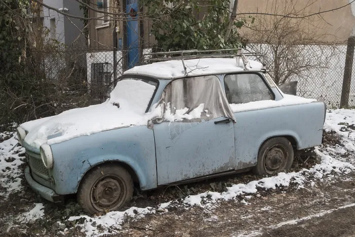 Framed Print : Abandoned and crumbling Trabant car