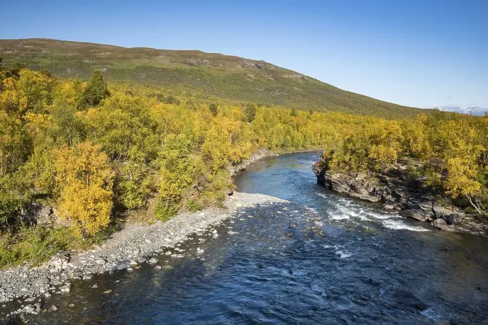 Framed Print : Abiskojokk river in autumnal landscape Framed Print : Abiskojokk river in autumnal landscape