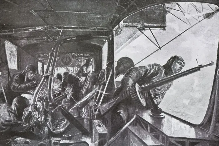 Framed Print : Aboard a German zeppelin during an attack