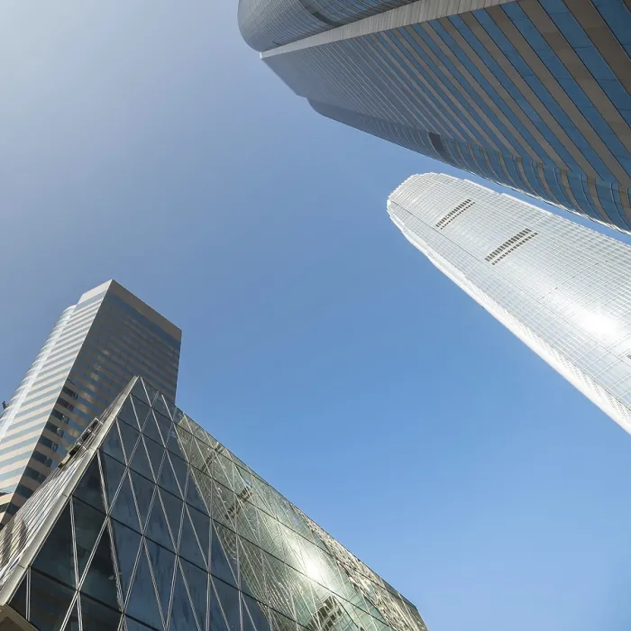 Framed Print : Abstract futuristic cityscape view with modern skyscrapers