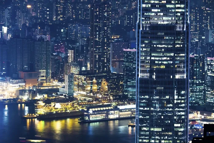 Framed Print : Abstract futuristic night cityscape with illuminated skyscrapers