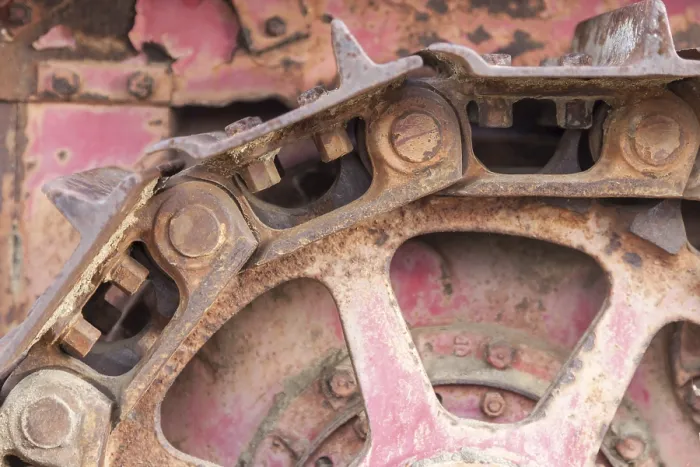 Framed Print : Abstract rusty vintage tractor tracks and gears